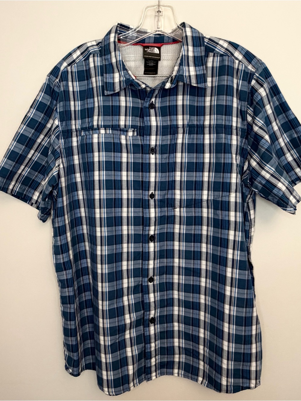 The North Face Men’s Blue and White Plaid Short-Sleeve Button-Up Shirt